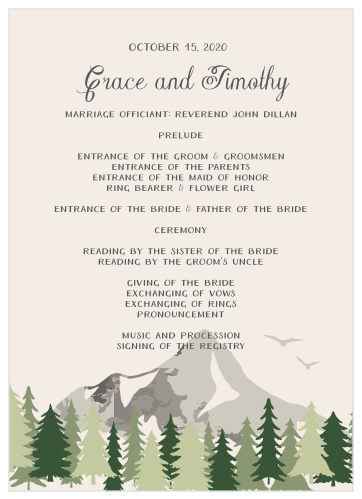 A majestic mountain landscape borders the bottom of the Forest Escape Wedding Programs.