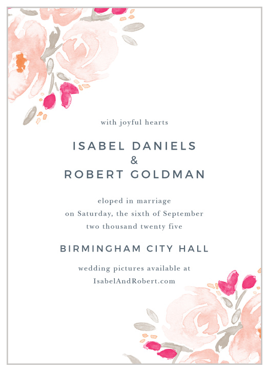 Soft flowers grace the corners of the Watercolor Bouquet Wedding Announcements.