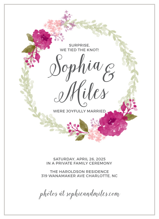 A wreath of soft florals surrounds your names on the Watercolor Wreath Wedding Announcement.