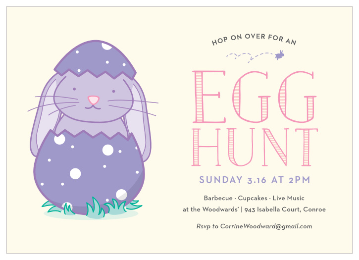 Invite friends to ‘hop on over’ for an egg hunt with the Easter Bunny Holiday Party Invitation.