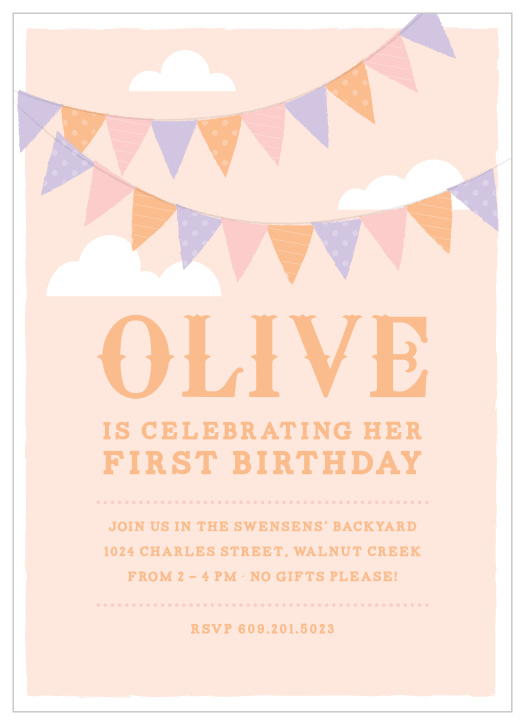 Colorful flags adorn the cloud strewn sky of the Festival Bunting Girl First Birthday Invitations.