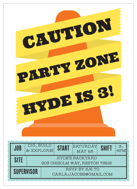Caution! Fun ahead! Use the Construction Cone Children's Birthday Party Invitations to bring some excitement to your construction themed party invitations.