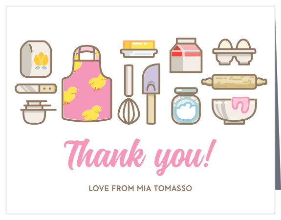 Cute illustrations of baking tools and ingredients decorate the Baker’s Delight Party Thank You Cards.