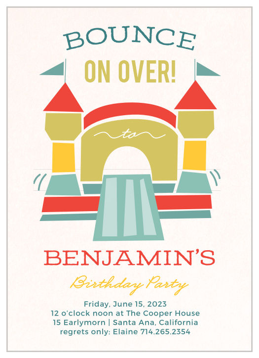 Jump Around! Show your guest the bouncing good time they will have at your party with the Bounding Bouncer Children's Birthday Party Invitations.