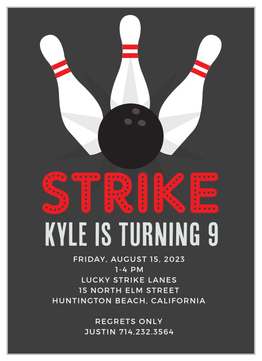 The Stunning Strike Children's Birthday Party Invitation is a fun bowling themed invitation featuring a bowling ball and pins and your choice of typography.