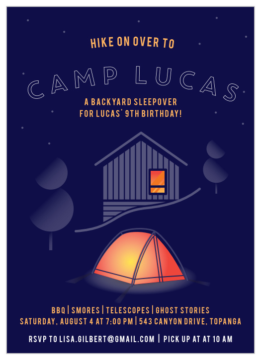 The Camp Out Children's Birthday Party Invitations is a cute camping-themed design, features an outdoor tent, trees, cabin and the night sky.