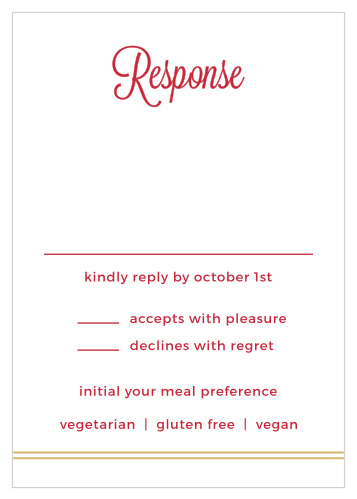 Create RSVPs to coordinate with your wedding stationery with the Rhapsody in Red Foil Response Cards.