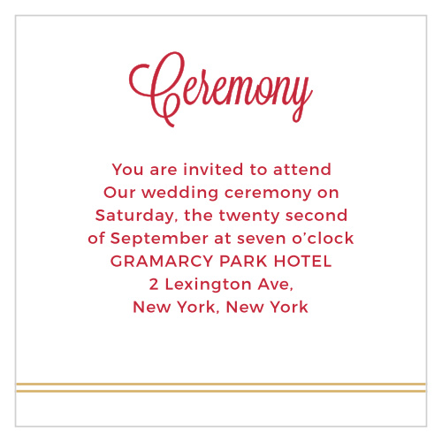 Invite friends and family to your private wedding ceremony with the Rhapsody in Red Foil Ceremony Cards.