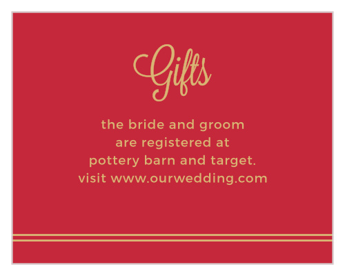 Design enchanting cards to coordinate with your wedding stationery using the Rhapsody in Red Foil Registry Cards.