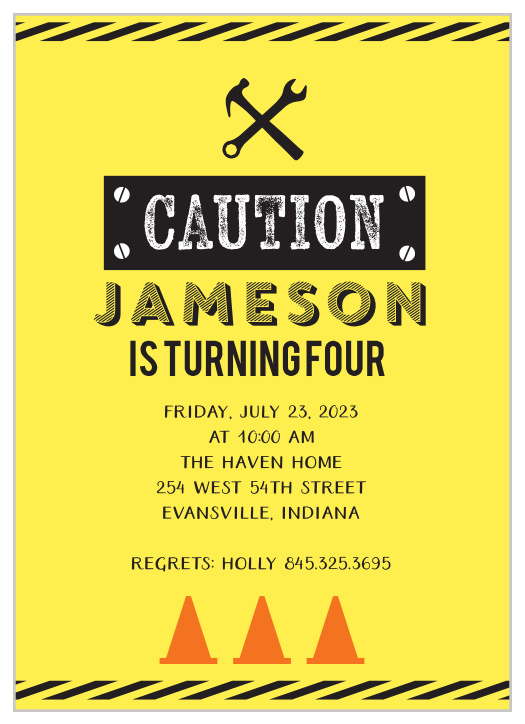 Caution! Fun ahead! Use the Caution Construction Children's Birthday Party Invitations to bring some excitement to your construction themed party invitations.