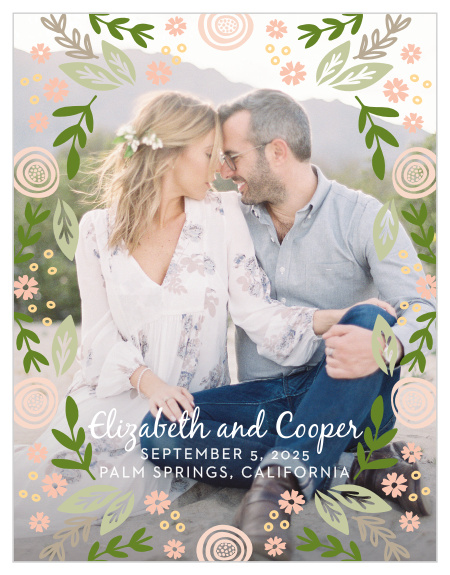 Overlay your photo with the whimsical flowers of the Gardens Abound Save-the-Date Cards.