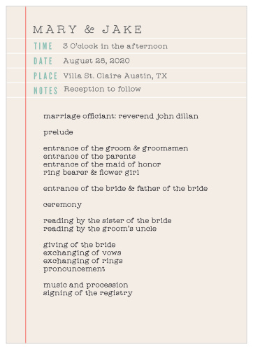 With the Make a List Wedding Programs add your ceremony schedule to the front of this design in the font of your choice.