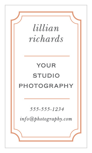 A double-lined scallop frame accentuates your name, business' name and contact info on the front of the Antique Frame Foil Business Cards.