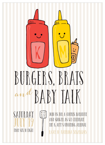 Burgers, Brats and Baby Talk! Boys are allowed for this one! Invite friends and family to a BBQ celebrating your new addition with the Burgers N'Brats Foil Baby Shower Invitations.