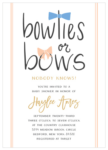 Invite your guests to your gender reveal shower with the Bowties or Bows Foil Baby Shower Invitations.