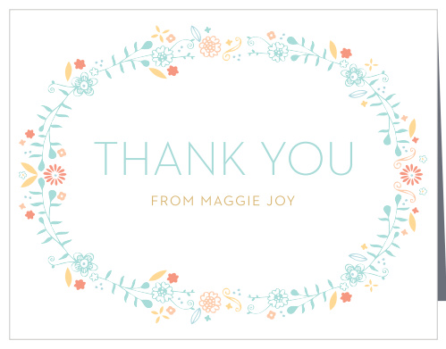 The Baby Wreath Foil Baby Shower Thank You Cards' fun floral design is the perfect match to the Baby Wreath Baby Shower Invitations.