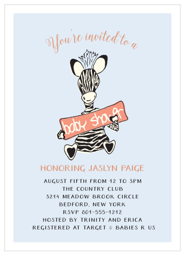 Let the little baby zebra on the Little Zebra Foil Baby Shower Invitations help you invite your friends and family to the greatest baby shower of all time!