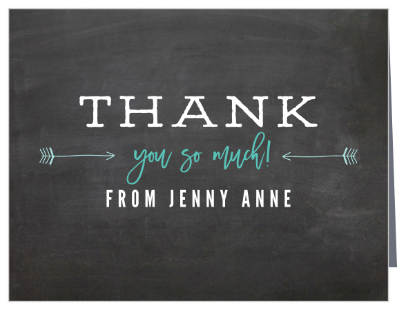 The Chalkboard baby shower thank you cards have the cute chalkboard background with baby written in chalk on the board and a colored stripe along the bottom of the card for your thank you message.