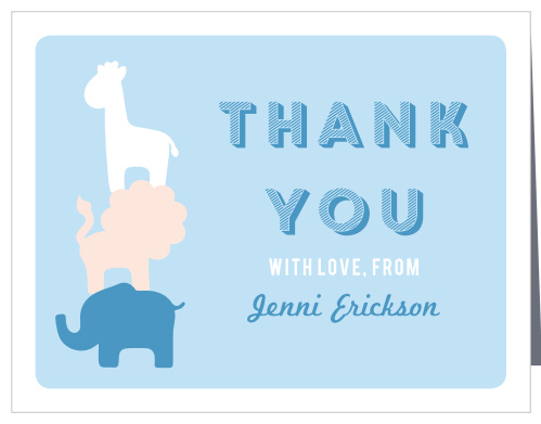 The Safari Soiree Baby Shower Thank You Cards bring the safari to your own home, complete with an elephant, giraffe, and a lion.