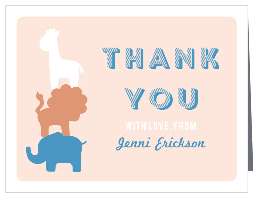 The Safari Soiree Foil Baby Shower Thank You Cards bring the safari to your own home, complete with an elephant, giraffe, and a lion.