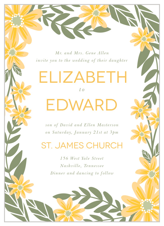 Bright florals creates a cheerful border on the Sunny Flowers Wedding Invitations.