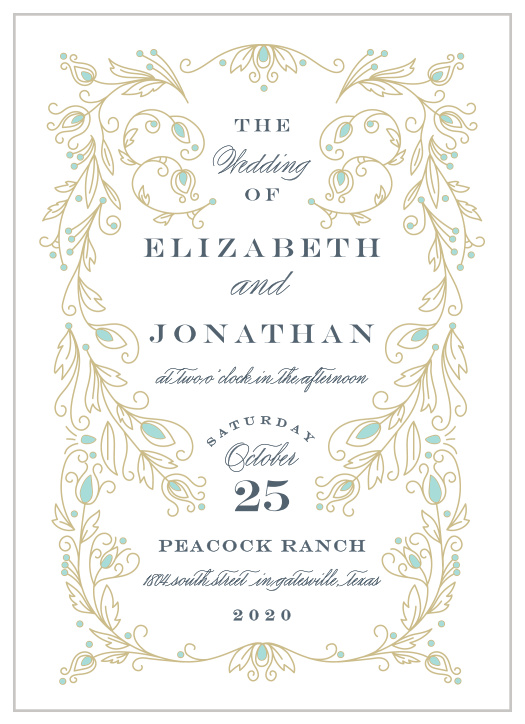 Stylized feathers create a luxurious frame on the Peacock Flourish Wedding Invitations. 