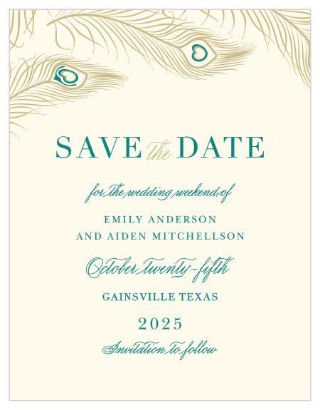 Announce your wedding luxuriously with the Peacock Feather Save-the-Date Magnets.