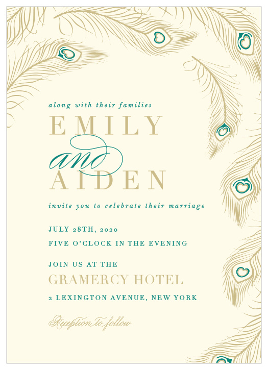 Sumptuous feathers create a luxurious frame on the Peacock Feather Wedding Invitations.