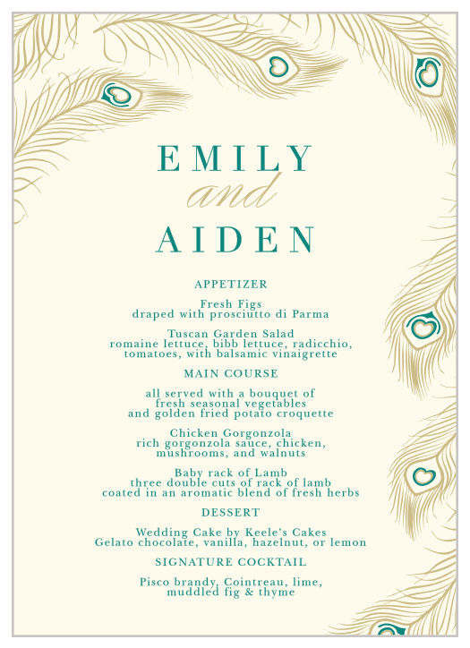 Foating feathers create a luxurious frame on the Peacock Feather Menus.