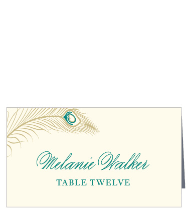 Guide guests to their reception tables with the sumptuous design of the Peacock Feather Place Cards.