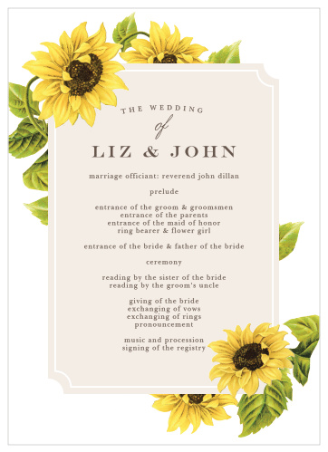 Set the mood for your springtime wedding with the Sunflower Frame Wedding Programs.