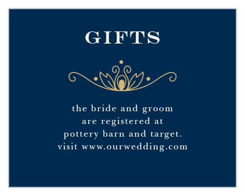 Guide guests to your wedding wish list with the Peacock Flourish Foil Registry Cards.