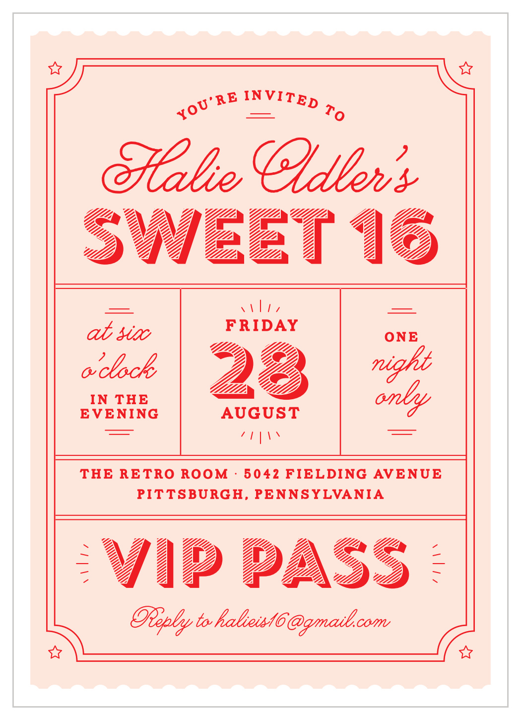 VIP Pass Sweet Sixteen Invitations