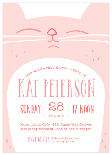 Design invites for the cat loving mom-to-be with the Kitty Kat Baby Shower Invitations.
