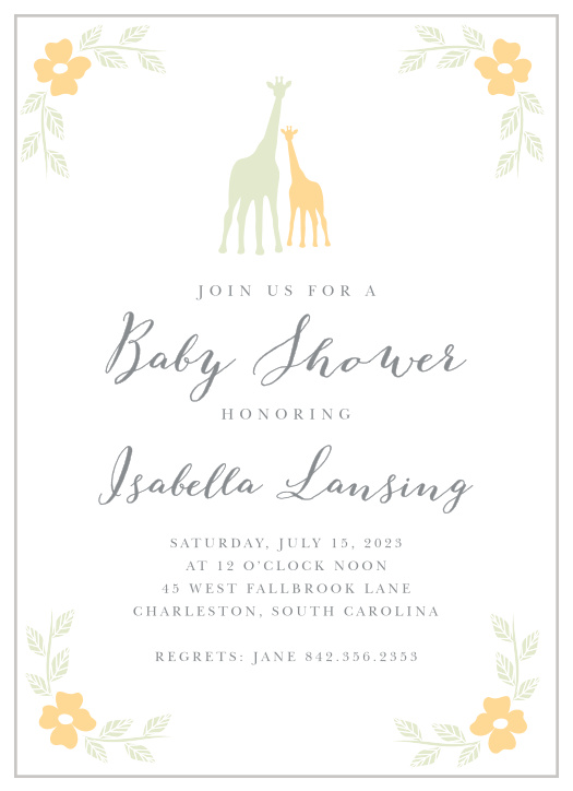 Sweet flowers accent the corners of the Delicate Giraffe Baby Shower Invitations. 