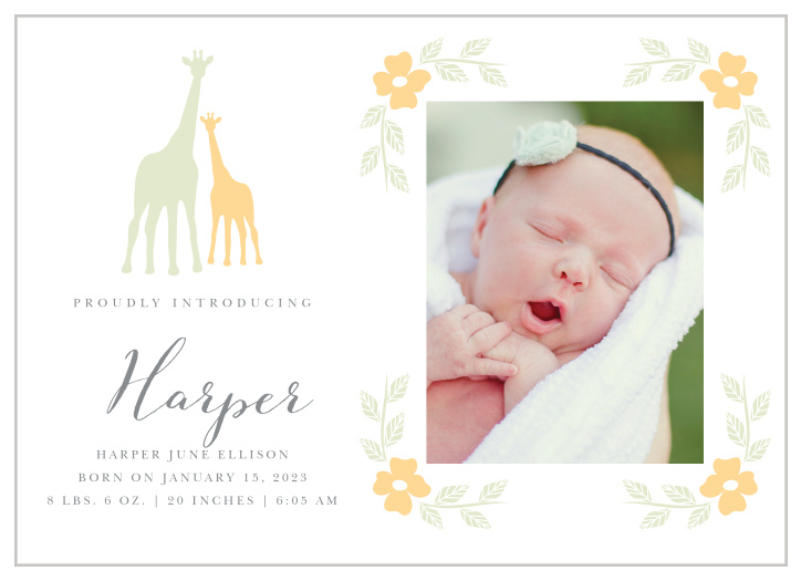 Sweet flowers frame your newborn’s photo on the Delicate Giraffe Birth Announcements.