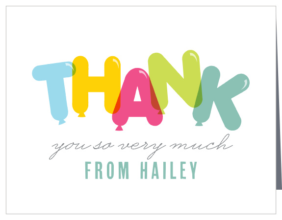 Colorful balloons spell “Thank” on the Bubble Balloons Thank You Cards.