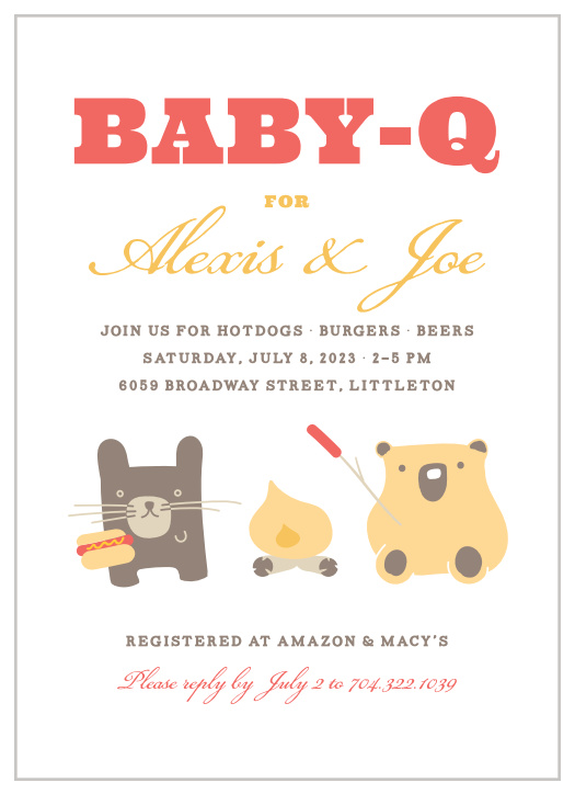 Forest animals roast hotdogs around a campfire on the Cozy Cookout Baby Shower Invitations.