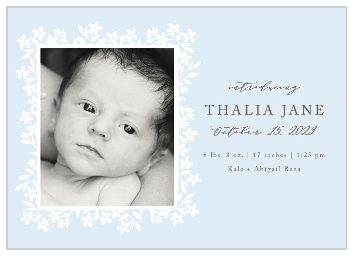 Frame your newborn’s photo with the spring florals of the Flower Garden Birth Announcements.