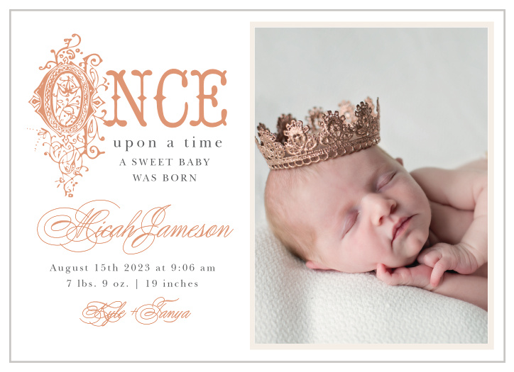Announce your new little royalty with the ornate storybook lettering of the Once Upon A Time Foil Birth Announcements.