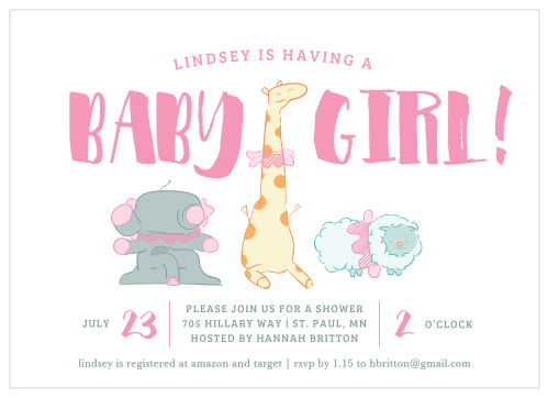 Three animals dance on the At the Zoo Baby Shower Invitations. 