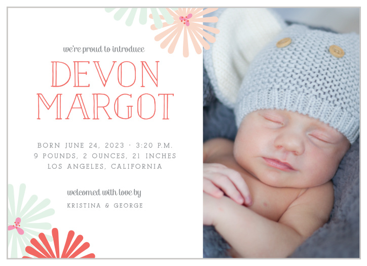 Accent your newborn’s photo with the retro flowers of the Spring Blooms Birth Announcements.