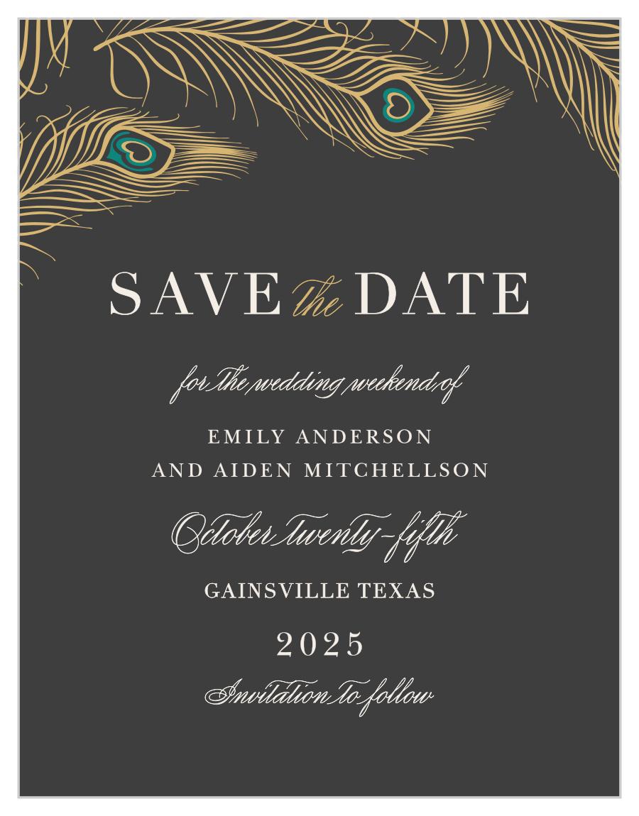 Peacock Feather Foil Save the Date Cards
