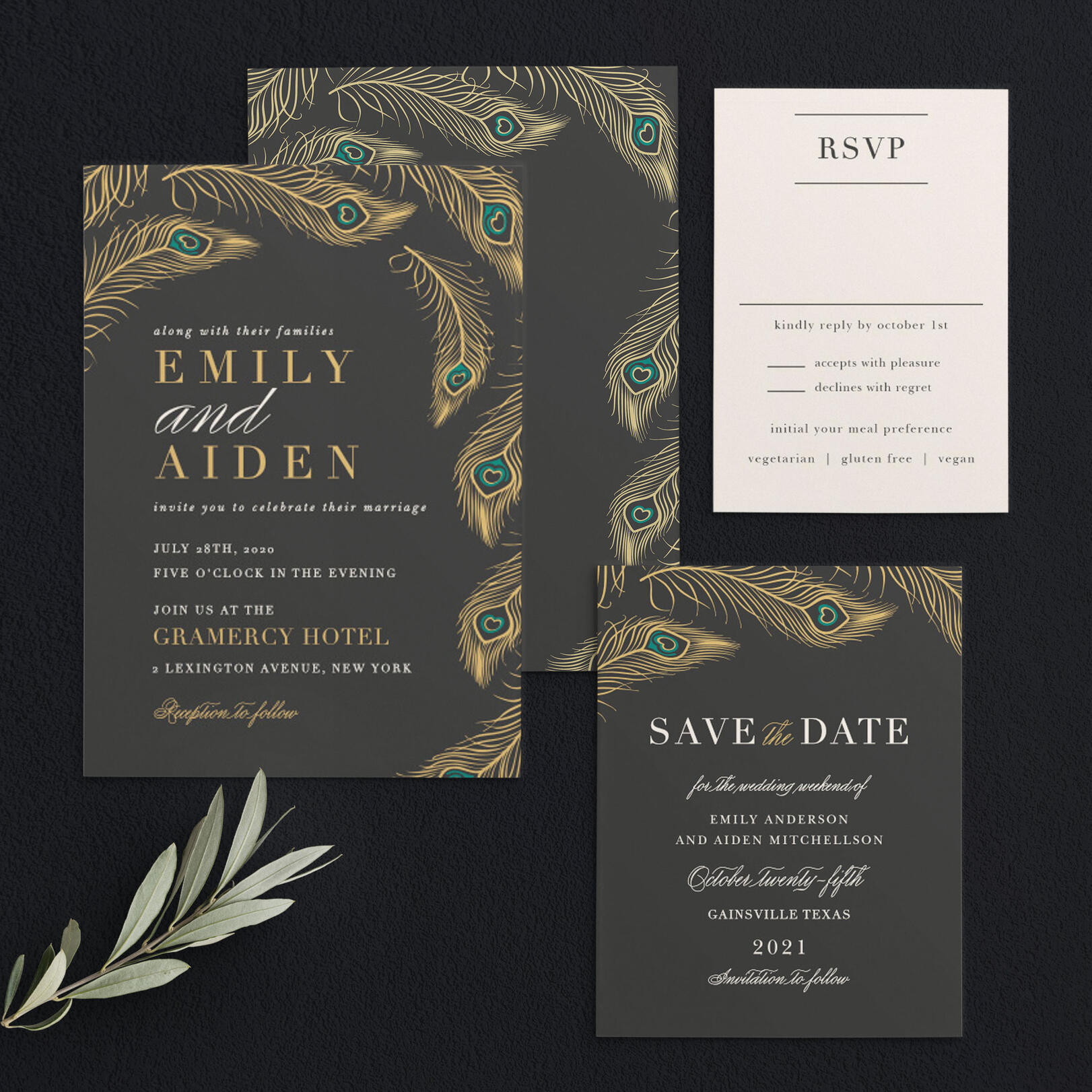 Peacocks Invitations in Gold Foil - 8 Blank Invitations & 8 Envelopes