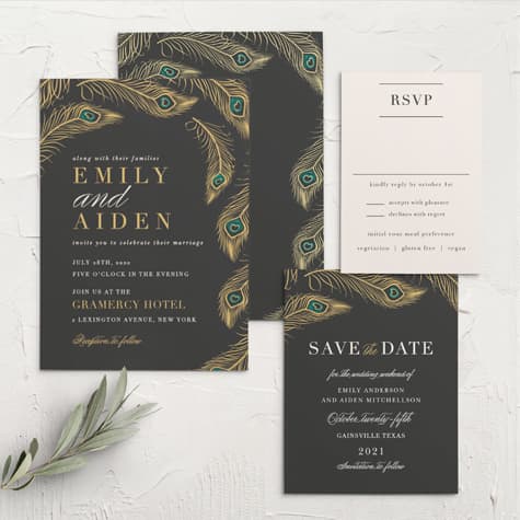 Peacock Feather Foil Wedding Invitations