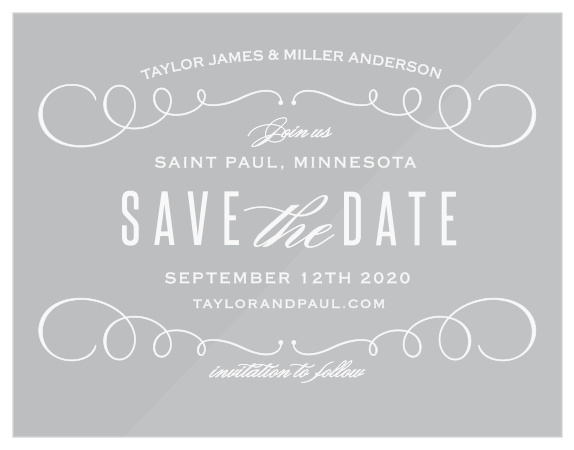 The Swirl Frame Clear Save-the-Date Cards are fitting for a rustic yet elegant occasion.