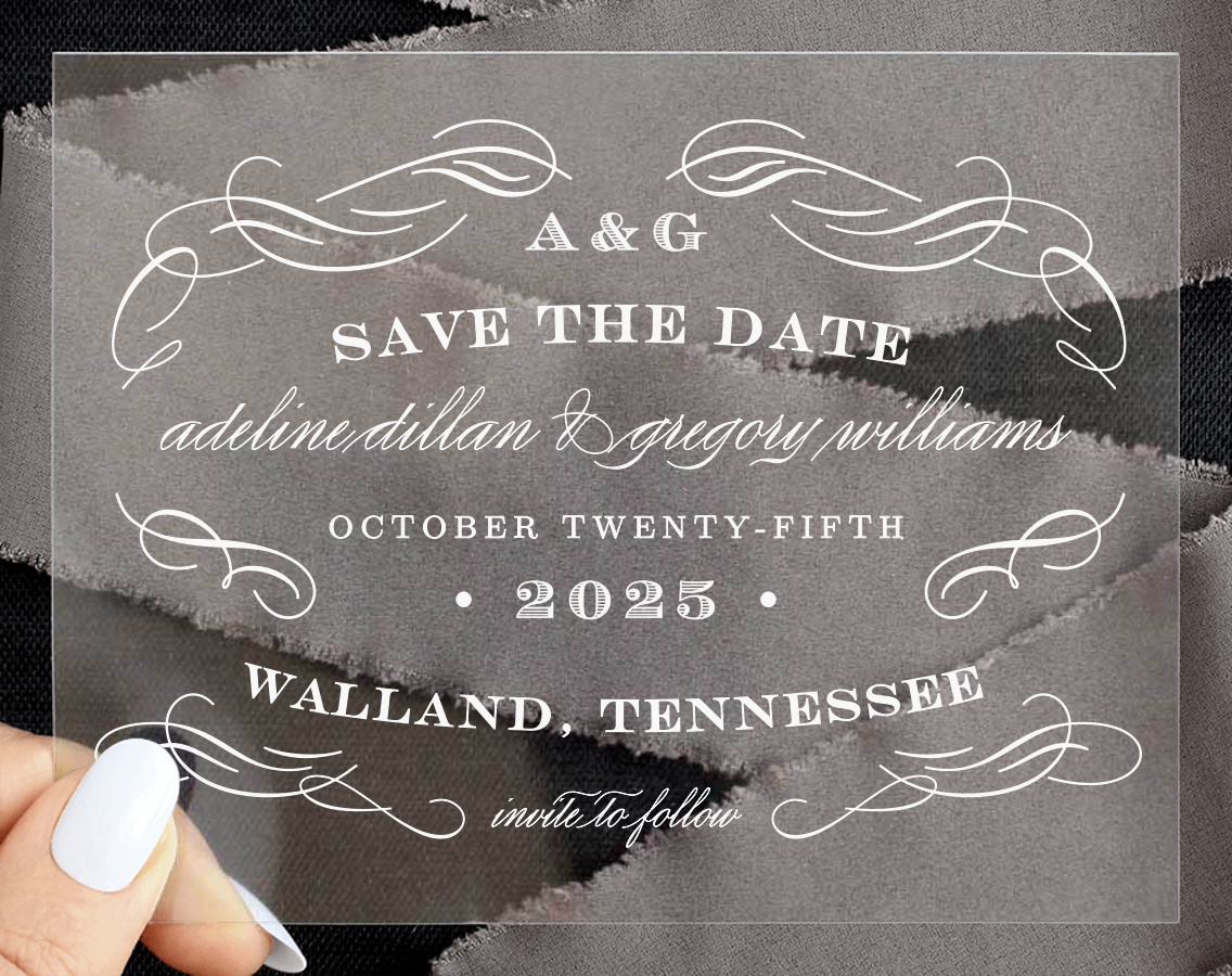 Scrolled Frame Clear Save the Date Cards