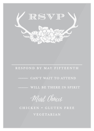 The Blossoming Antlers Clear Response Cards perfectly compliment cards from Blossoming Antlers Wood and non-wood Invitation Suites.