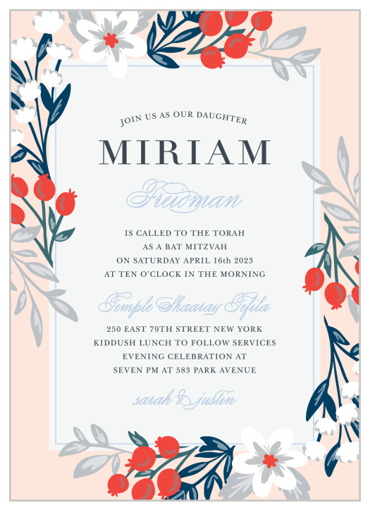 Enchanting foliage encircles your text on the Pomegranate Bouquet Bat Mitzvah Invitations.