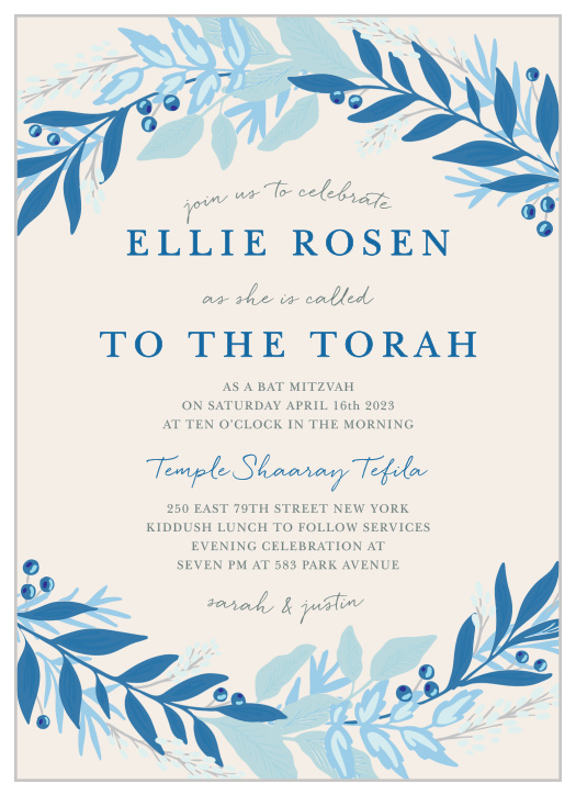 With a cascade of leaves in varying shades of blue surrounding the text in the center, these Regal Wreath Bat Mitzvah Invitations radiate elegance.
